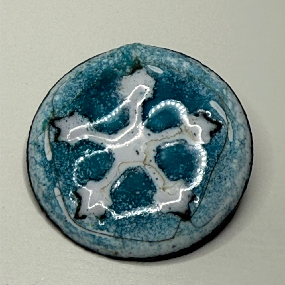 Blue White glazed Ceramic snowflake on copper unusual vintage winter brooch pin